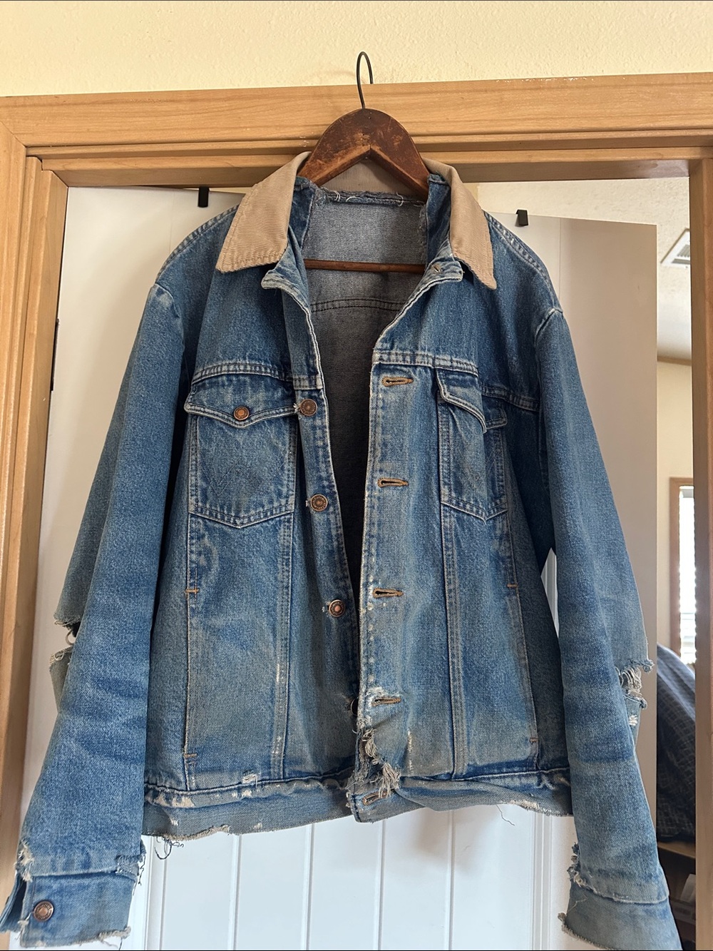 Wrangler Blue Denim Jacket with Tan Cord Collar